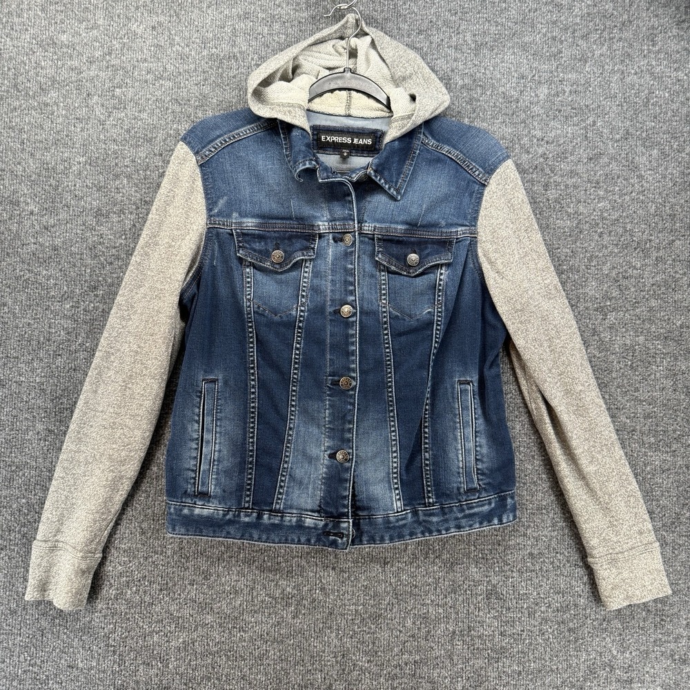 Express Denim Jacket Womens M Blue Button Up Knit Sleeve Y2K Hoodie Casual 90s